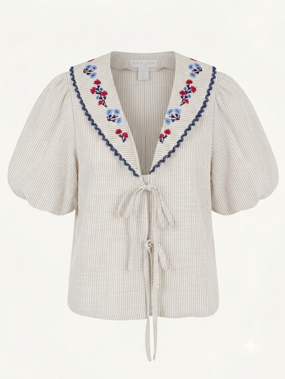 🆕 CAROLINE CONSTAS Embroidery Collar Front Ties Stripe Puff Sleeve Blouse Top S
